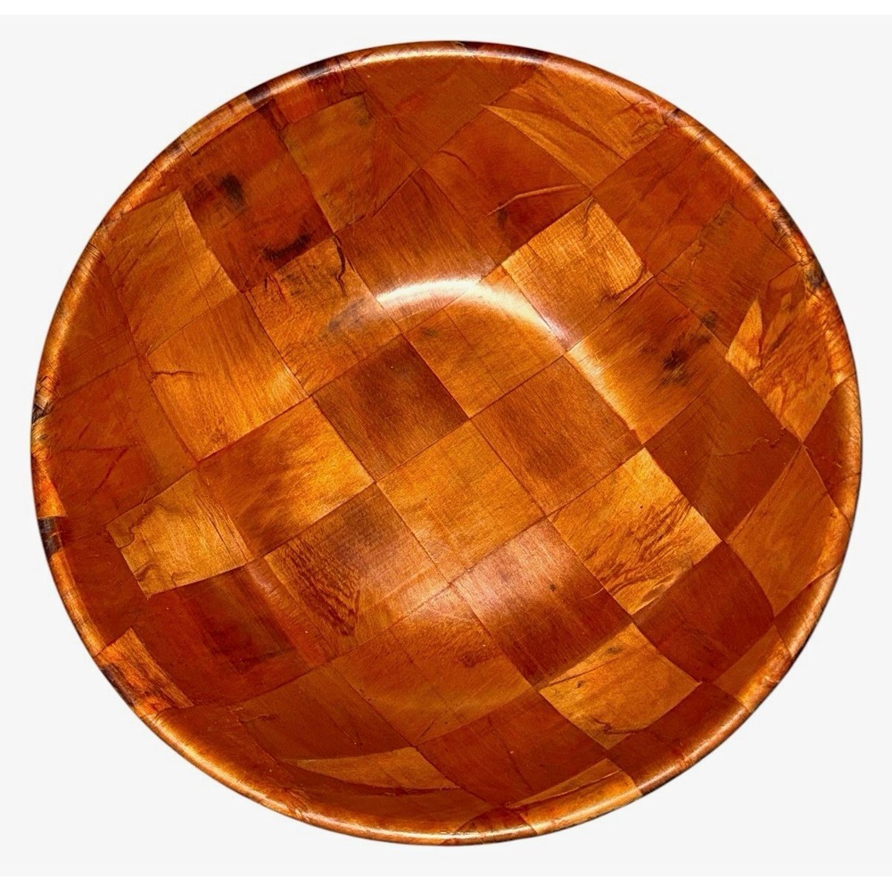 Vintage Woven Wood Salad Bowl 12" Parquet Patchwork Checkerboard Serving Bowl